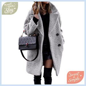 Faux Fur Sherpa Jacket Women's Winter Coat Notched Lapel Button Down